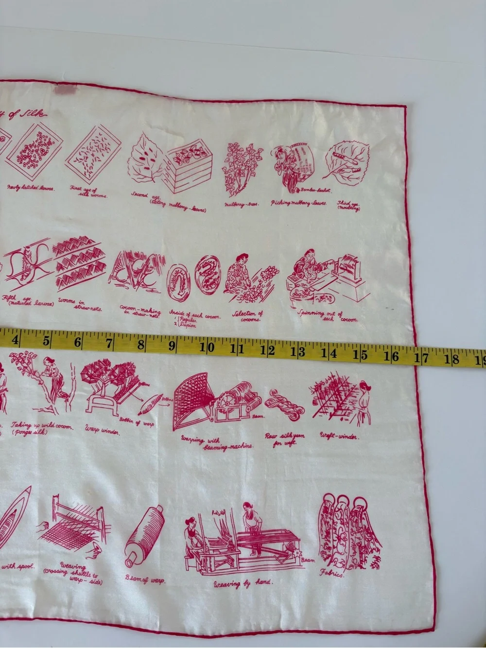 VNTG Story Of Silk White Pink Novelty Print Handkerchief Scarf Silkworm Artsy